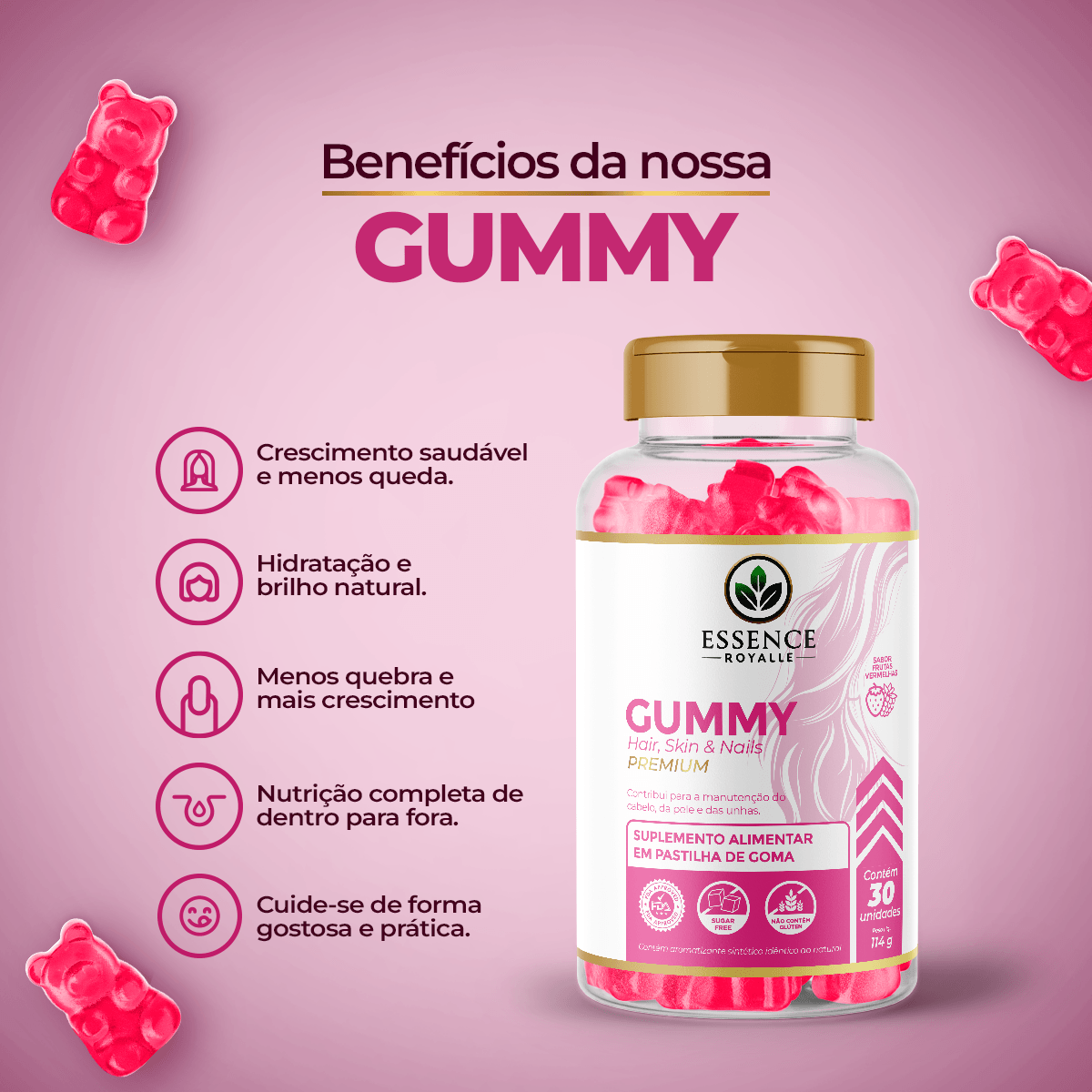 Gummy Cabelo, Pele e Unhas – 30 Gomas | Frutas Vermelhas - Essence Royalle