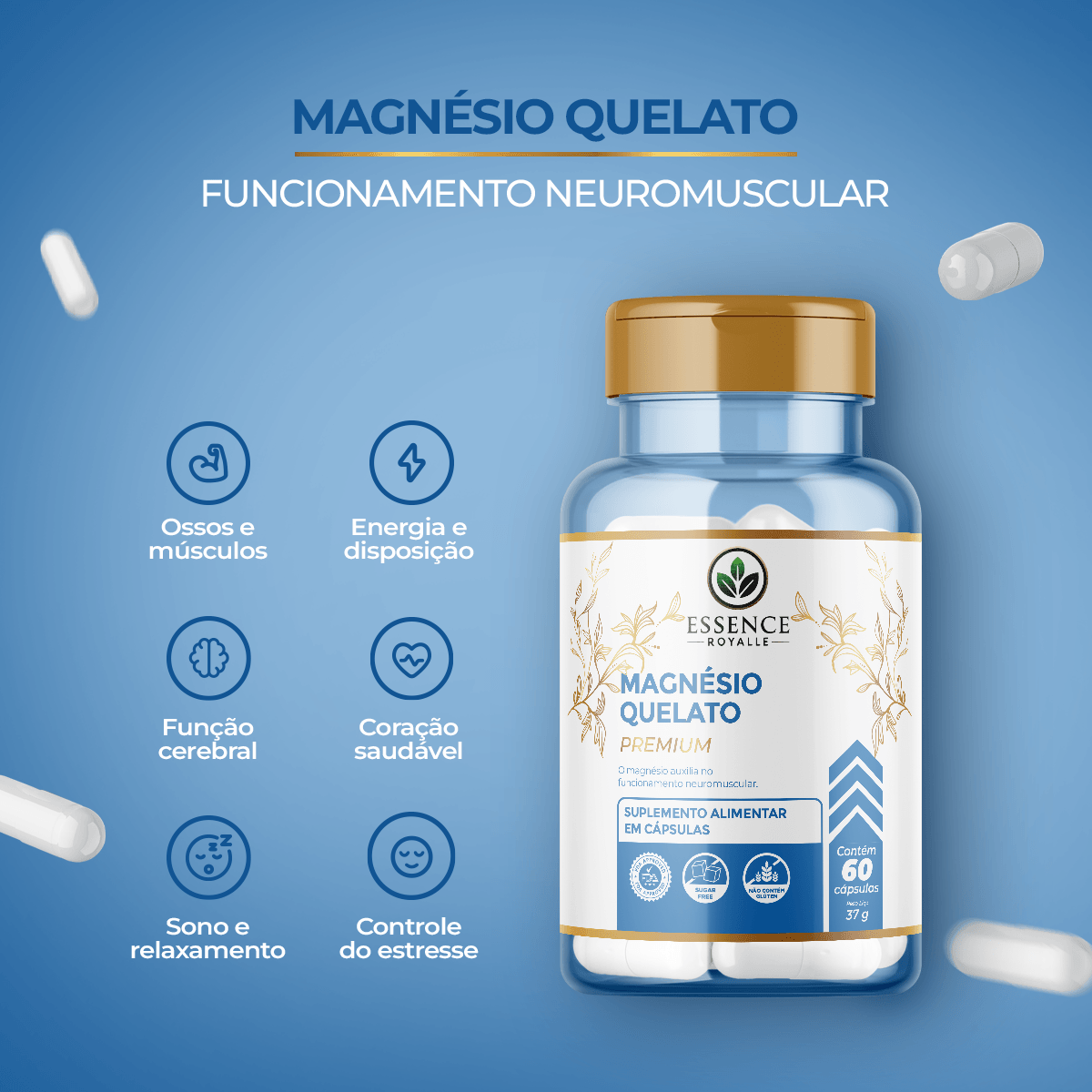 Magnésio Quelato – 60 Cápsulas (613mg) - Essence Royalle