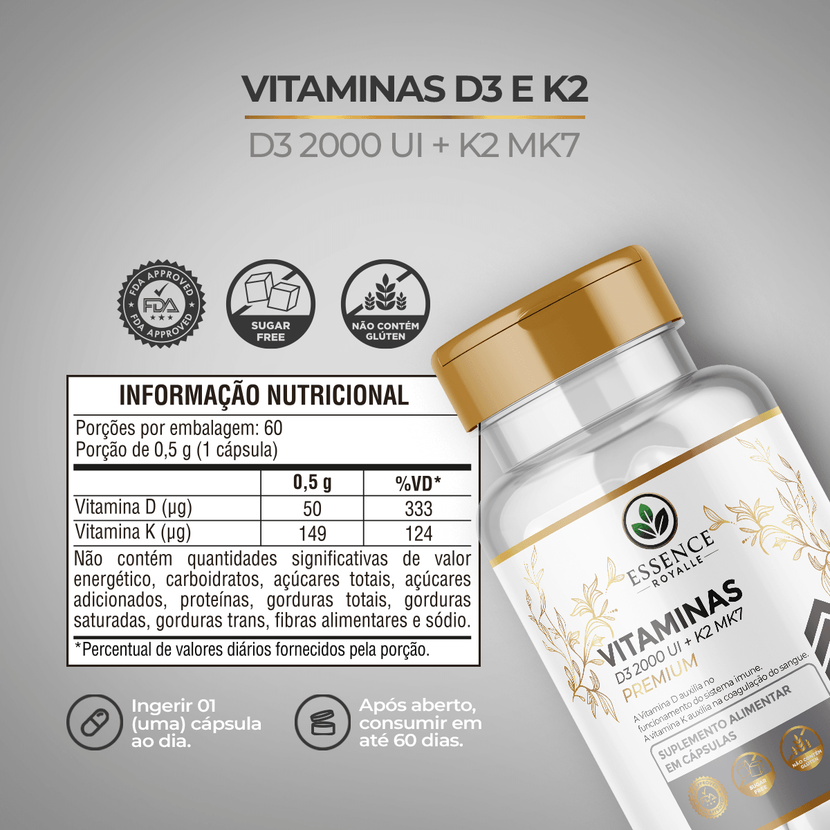 Vitamina D3 + K2MK7 – 60 Cápsulas (464mg) - Essence Royalle