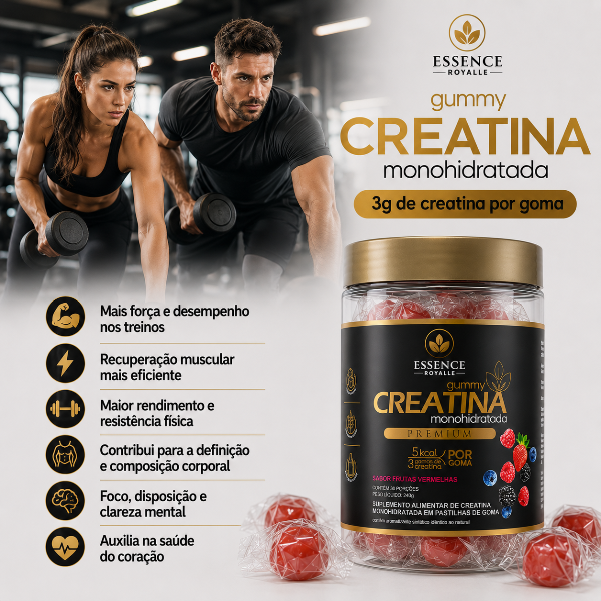 GUMMY de CREATINA PURA com 3g de Creatina por Gummy - 30 Doses - Sabor Frutas Vermelhas