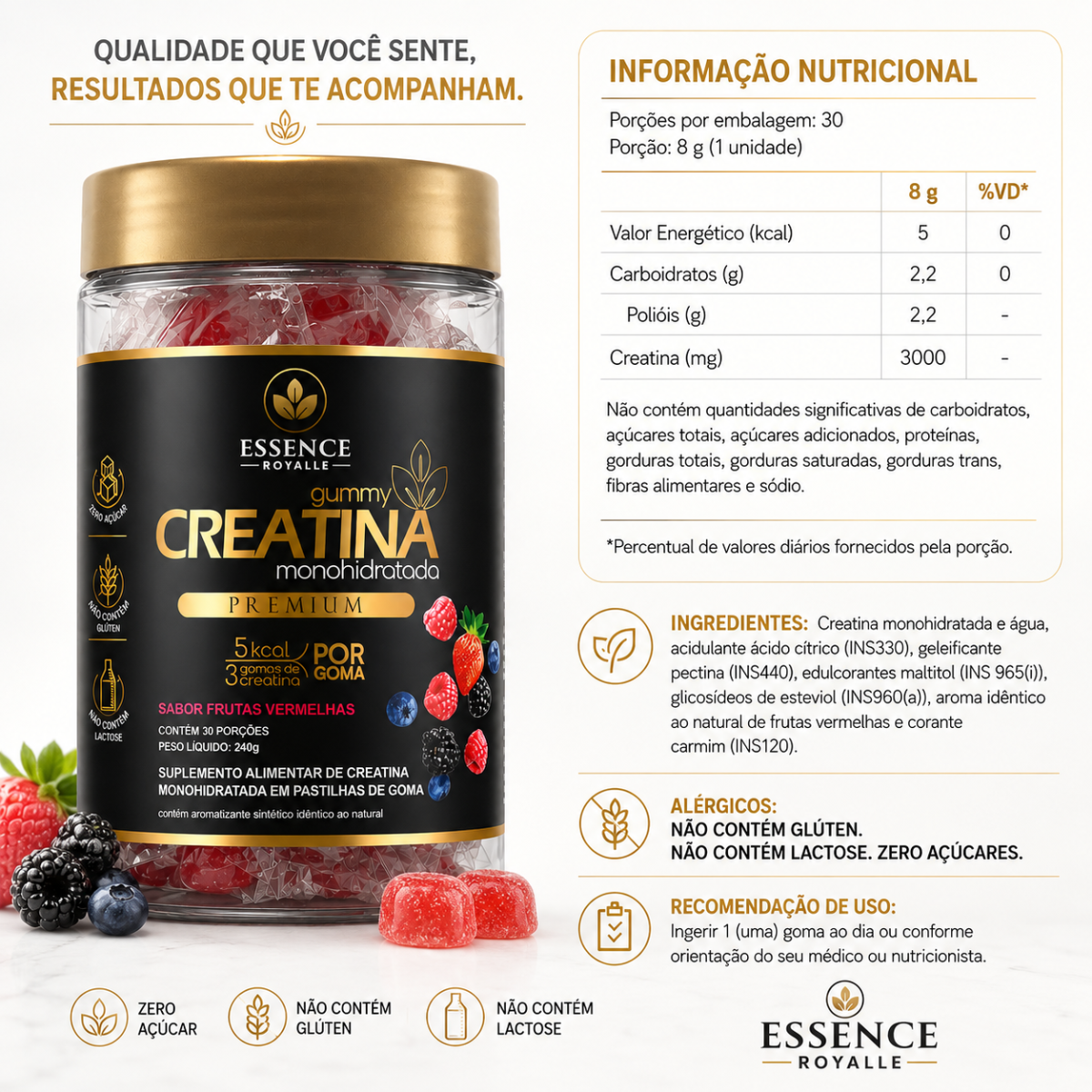 GUMMY de CREATINA PURA com 3g de Creatina por Gummy - 30 Doses - Sabor Frutas Vermelhas