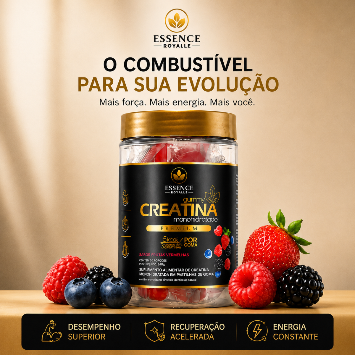GUMMY de CREATINA PURA com 3g de Creatina por Gummy - 30 Doses - Sabor Frutas Vermelhas