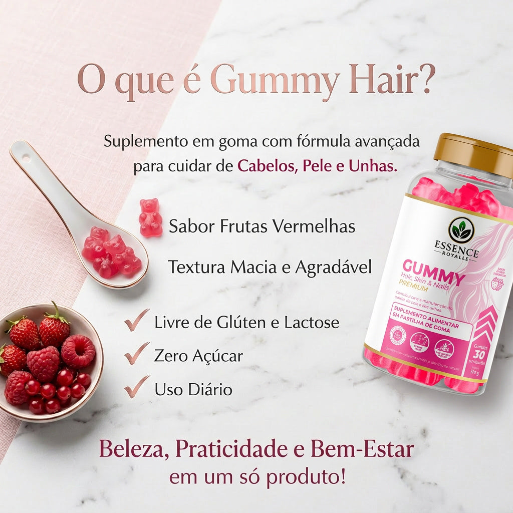 Gummy Hair Zero Açúcar com Vitaminas + Biotina Para Cabelos Pele e Unhas – 30 Gomas | Frutas Vermelhas