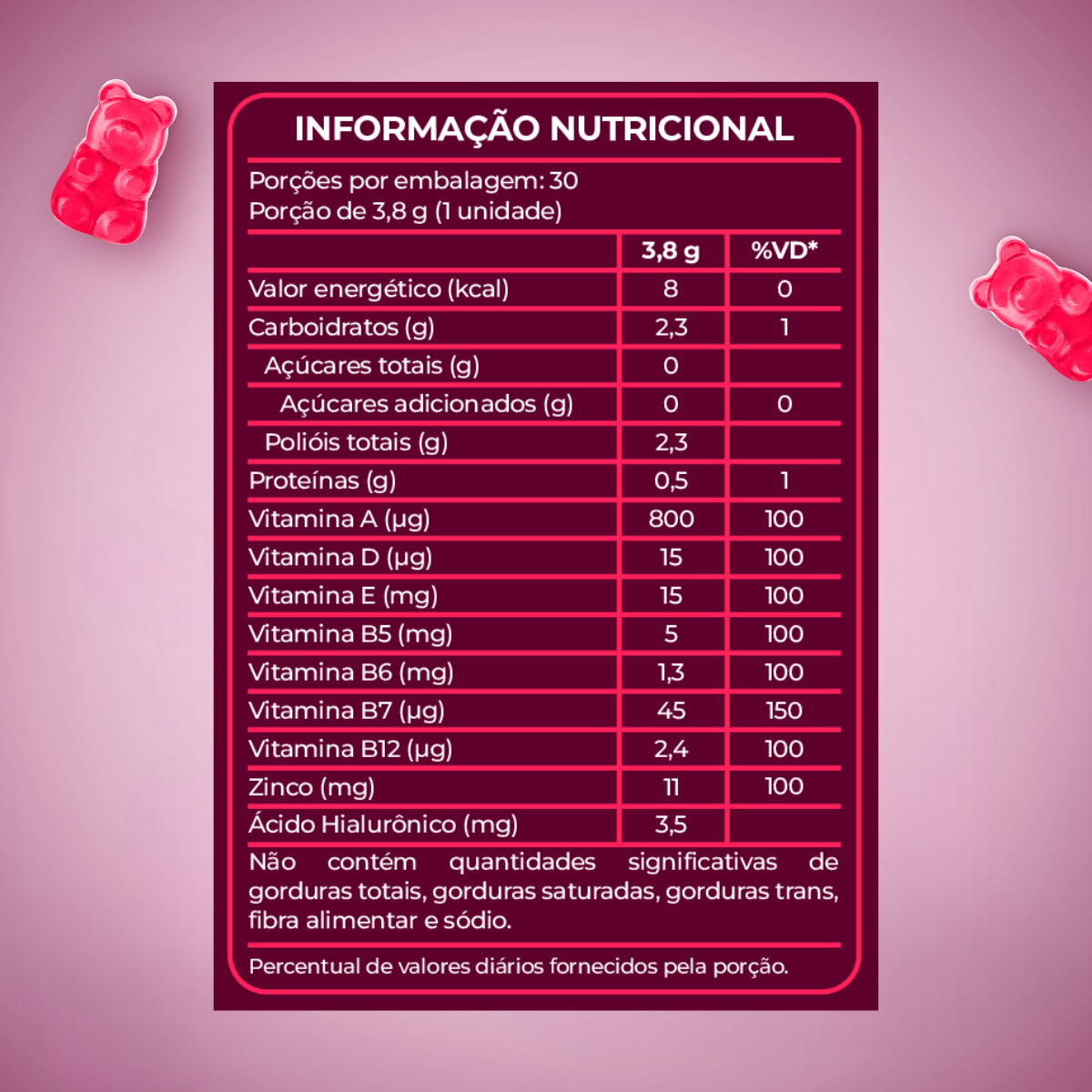 Gummy Hair Zero Açúcar com Vitaminas + Biotina Para Cabelos Pele e Unhas – 30 Gomas | Frutas Vermelhas