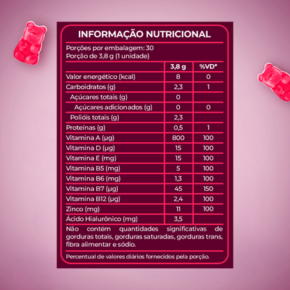 Gummy Hair Zero Açúcar com Vitaminas + Biotina Para Cabelos Pele e Unhas – 30 Gomas | Frutas Vermelhas