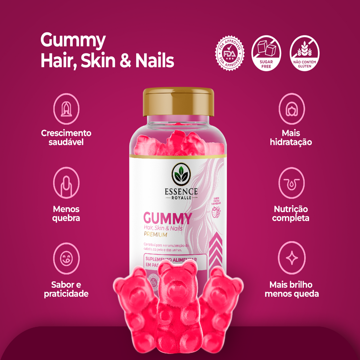 Gummy Hair Zero Açúcar com Vitaminas + Biotina Para Cabelos Pele e Unhas – 30 Gomas | Frutas Vermelhas